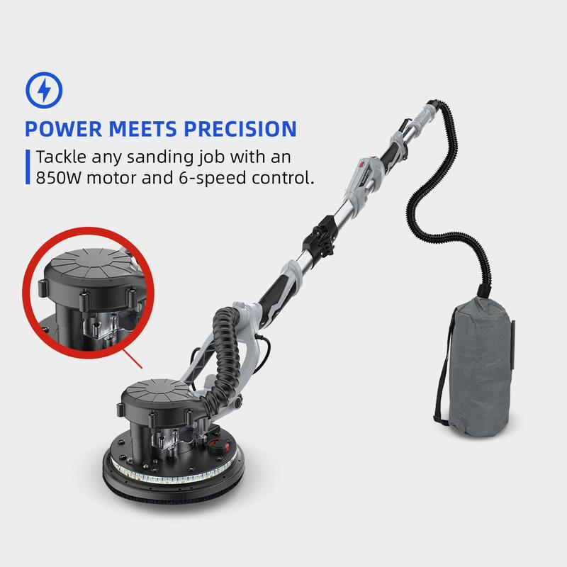 Garvee Drywall Sander PDS01 800W Electric Motor 6.6ft Dust Hose Variable Speed 800-1800RPM LED Light Extendable & Foldable Handle Carrying Bag