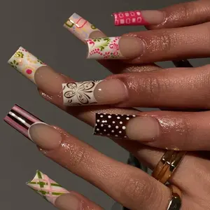 Retro Mix Press-On Nails, Colorful Patterned Tips with Polka Dots, Stripes and Florals, Nude Base, Glossy Finish, Handmade Y2K Inspired Nail Art Set, Trendy Fashion Vibe, Custom Gift for Her