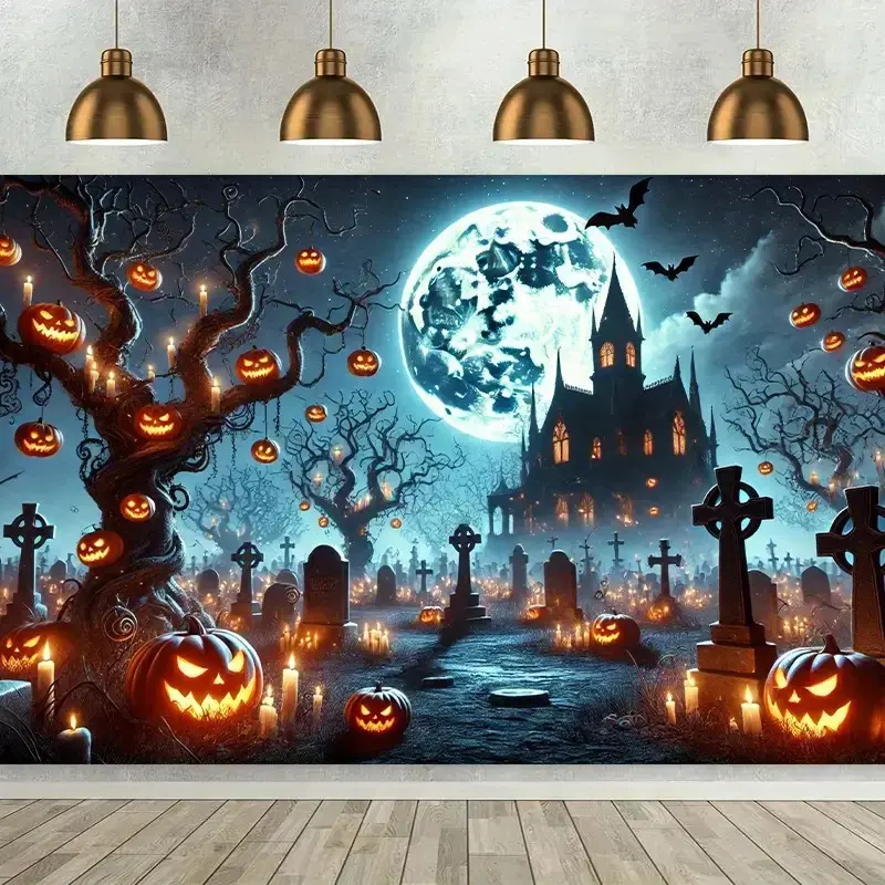 Halloween Photo Backdrop 4x6FT, Spooky Haunted House Party Background Wall Decor, Pumpkin Castle Scene Banner, Halloween Decorations for Kids Party, Family Photo Booth Photography Background