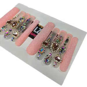 Gel Press-On Nails Extra Long - 10G Handmade Set with Sparkling Rhinestones 15mm to 17mm Long-Lasting Easy Application