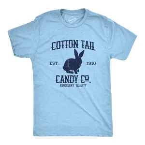 Mens Cotton Tail Candy Co T Shirt Funny Easter Sunday Chocolate Bunny Rabbit Tee for Guys Mens Funny T Shirts Cool Vintage Fashion T-Shirt Gift Classic Menswear Easter Apparel for Men Funny Food Short Sleeve Light Blue