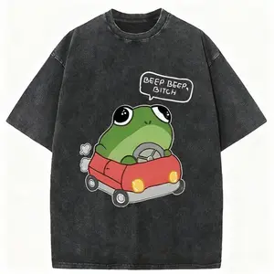 Frog Driving Meme Washed T-Shirt,Unisex Oversized Crew neck Acid Wash T-Shirt & Sweatshirt,High-Quality Print,Casual Comfort Breathable Long Sleeve for Streetwear Fashion Men and Women's Top  Shortsleeve