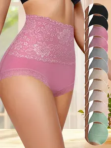 QUASTI 12 Pack Women's Breathable Cotton Underwear, High Waisted Tummy Control Panties, Elastic Lace Waistband Ladies Panties,Comfortable Soft Stretch Full Coverage Briefs of Womenswear for Everyday Wear