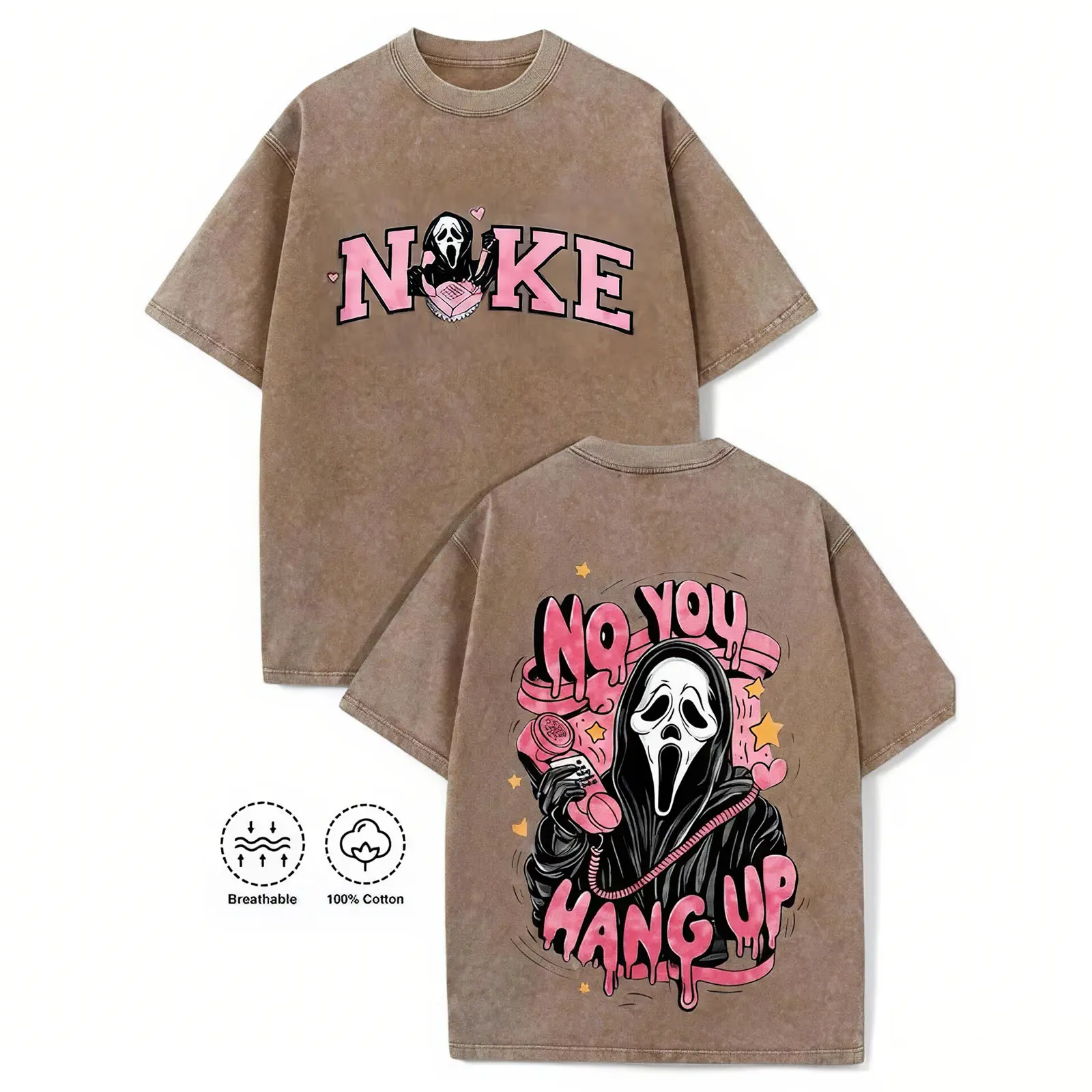 Men's Vintage Washed Halloween Graphic Tee Men Oversized Heavyweight Cotton Y2K Pink Spooky Streetwear Double Sided T Shirt Top