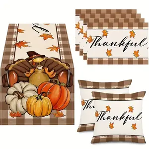 7pcs,Thanksgiving Turkey Table Runner Set, Fall Pumpkin Maple Leaf Decor, Buffalo Plaid Check Home Decoration, Indoor Outdoor Party Supplies