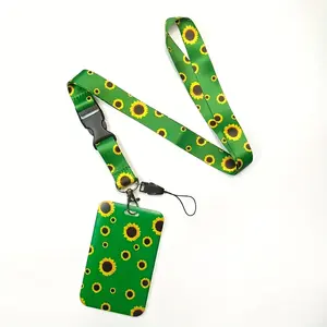 Stylish sunflower vertical document holder with detachable lanyard, polyester with sliding card holder, Badge holder