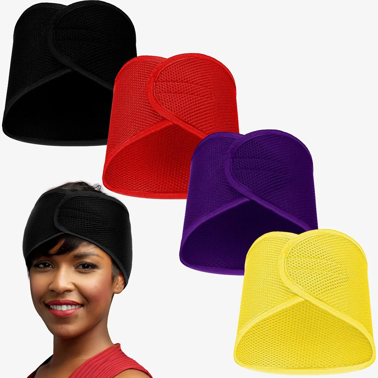 Mesh Hair Wraps for  Black Hair - 4 count Sleeping Cap,  Headbands, Hair Nets for Sleeping, Wash  (Yellow, Black, Orange, Purple)