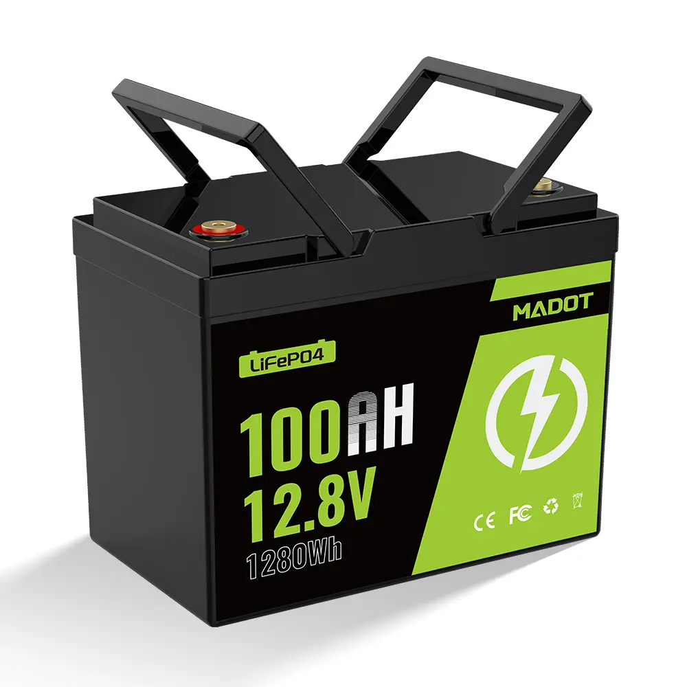 MADOT 12V 100Ah LiFePO4 Deep Cycle Lithium Battery, 12.8V 1280Wh Group 24 with 100A BMS, Low-Temperature Cutoff Protection for Outdoor Marine Use, RV Backup Power Systems