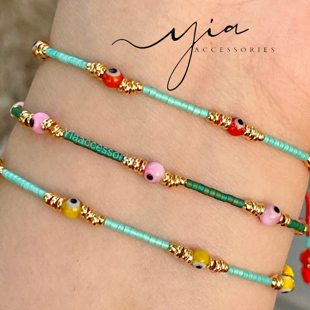 Dainty Gold Plated Stackable Bracelet - Adjustable Beaded Glass Evil Eye Stack Bangle, Summer Fashion Costume Jewelry Bead Detail Bracelets & Bangles