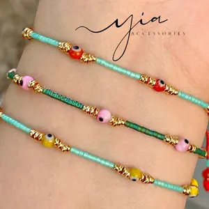 Dainty Gold Plated Stackable Bracelet - Adjustable Beaded Glass Evil Eye Stack Bangle, Summer Fashion Costume Jewelry Bead Detail Bracelets & Bangles