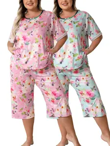 Plus Size 1XL-5XL Women's 2-sets Pajama Set Short-Sleeve Top Capri Pants Loungewear Soft Breathable Fabric