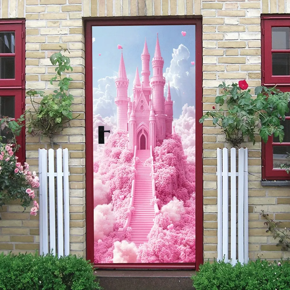 2pcs Dream Pink Castle Wall Stickers Princess Room Decorative Decals Self Adhesive Removable Cartoon Fairy Tale Castle Staircase Cloud Heart Patterns for Girls Bedroom Living Room Nursery Wall Art Deco