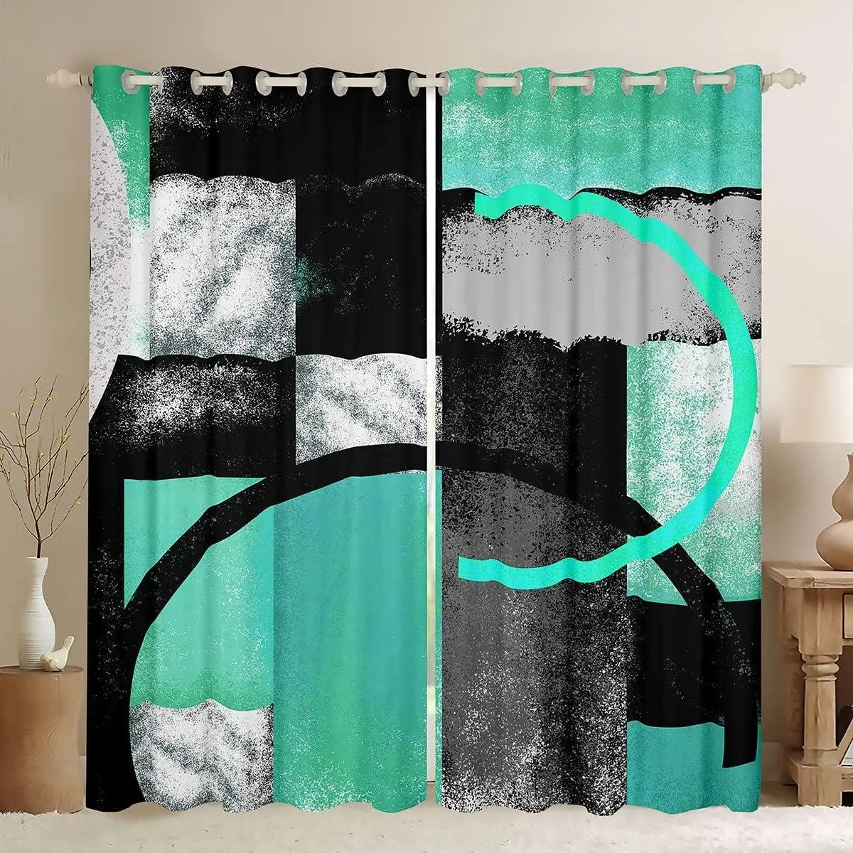 Teal Grey Black Blackout Curtains Geometric Curtains Bedroom Living Room Rustic Turquoise Blue Rectangle Square Darkening Dreapes Abstract Artwork Window Treatments