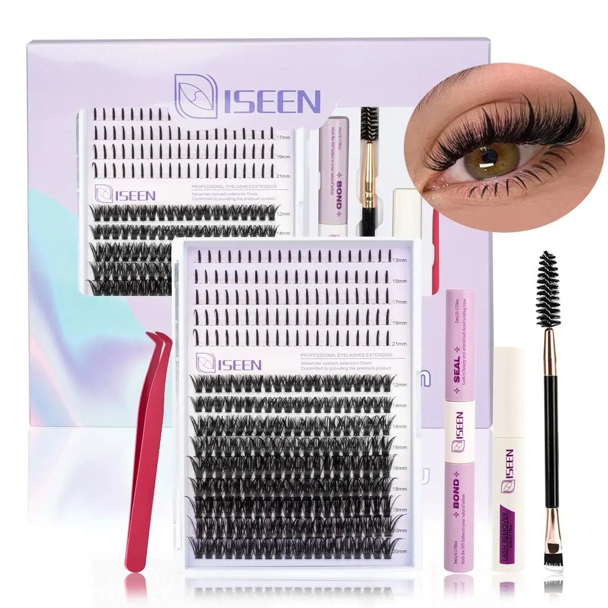 DIY Eyelash Extension Kit, Eyelash Set, Volume Cluster False Lashes, Individual Lashes, 9-18mm Mixed Styles, Natural Look, Natural Lash Clusters, Dense Style, Includes Bond&Seal &Remove&Eyelash Tweezers &Brush,Waterproof Long-Lasting, Makeup
