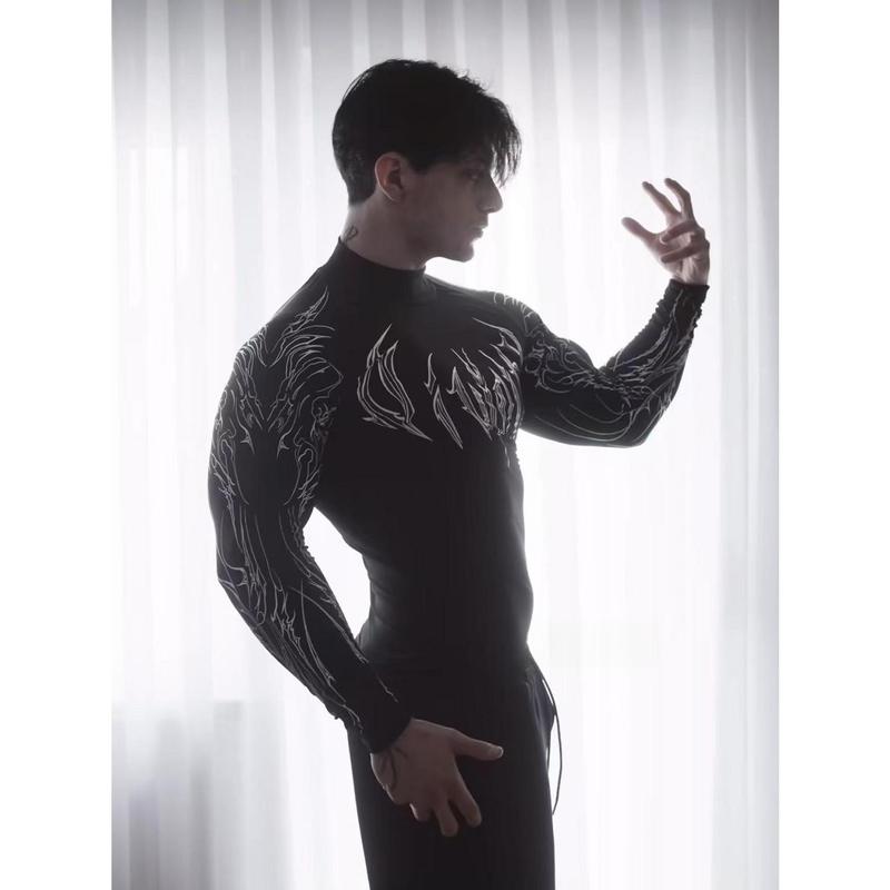 Sweet Spice Girl Show Body Gothic Tight High Elastic Fitness Sports Semi-High Neck Quick Drying Breathable Long Sleeve T-Shirt Men and Women