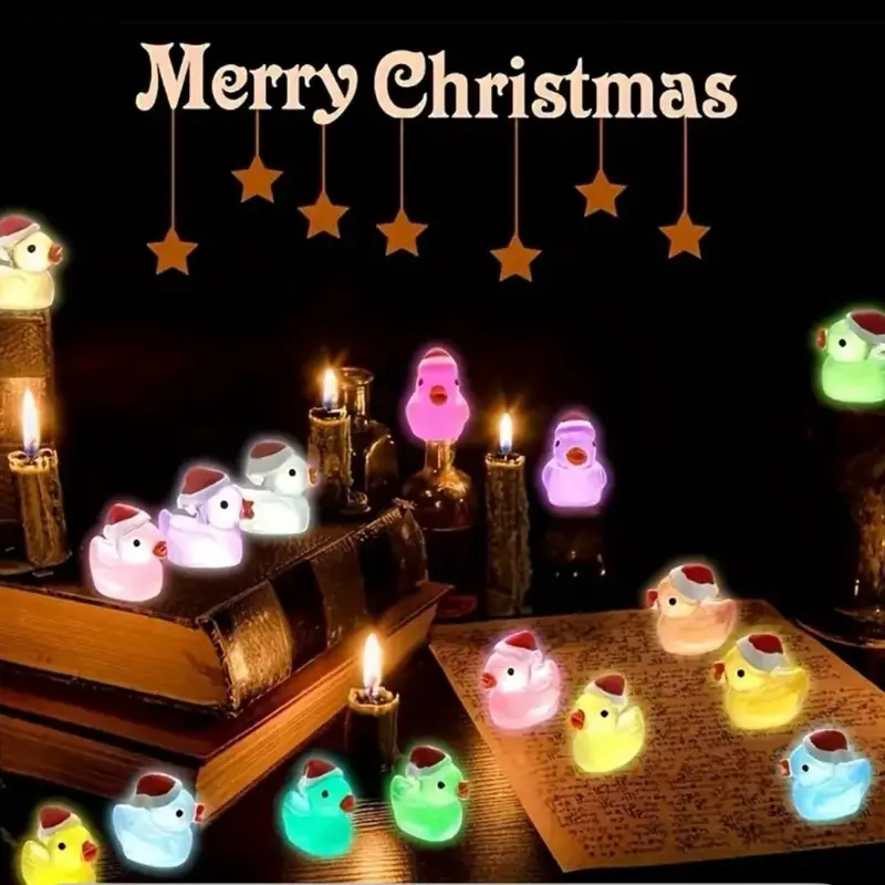 Merry Christmas Miniature Resin Duck with Christmas Hat Glows Under Black Light Collect Every Color They're Absolutely Adorable Blind Bag Today