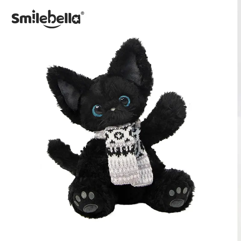 Smilebella Kawaii  Black  Plushie ‍ | 8" Small Cute Stuffed Animal with Gray Scarf | Cozy Pocket Desk Buddy & Room Decor | Soft Healing  Plush Toy | Sweet Gift for Kids &  Lovers Mini Cat
