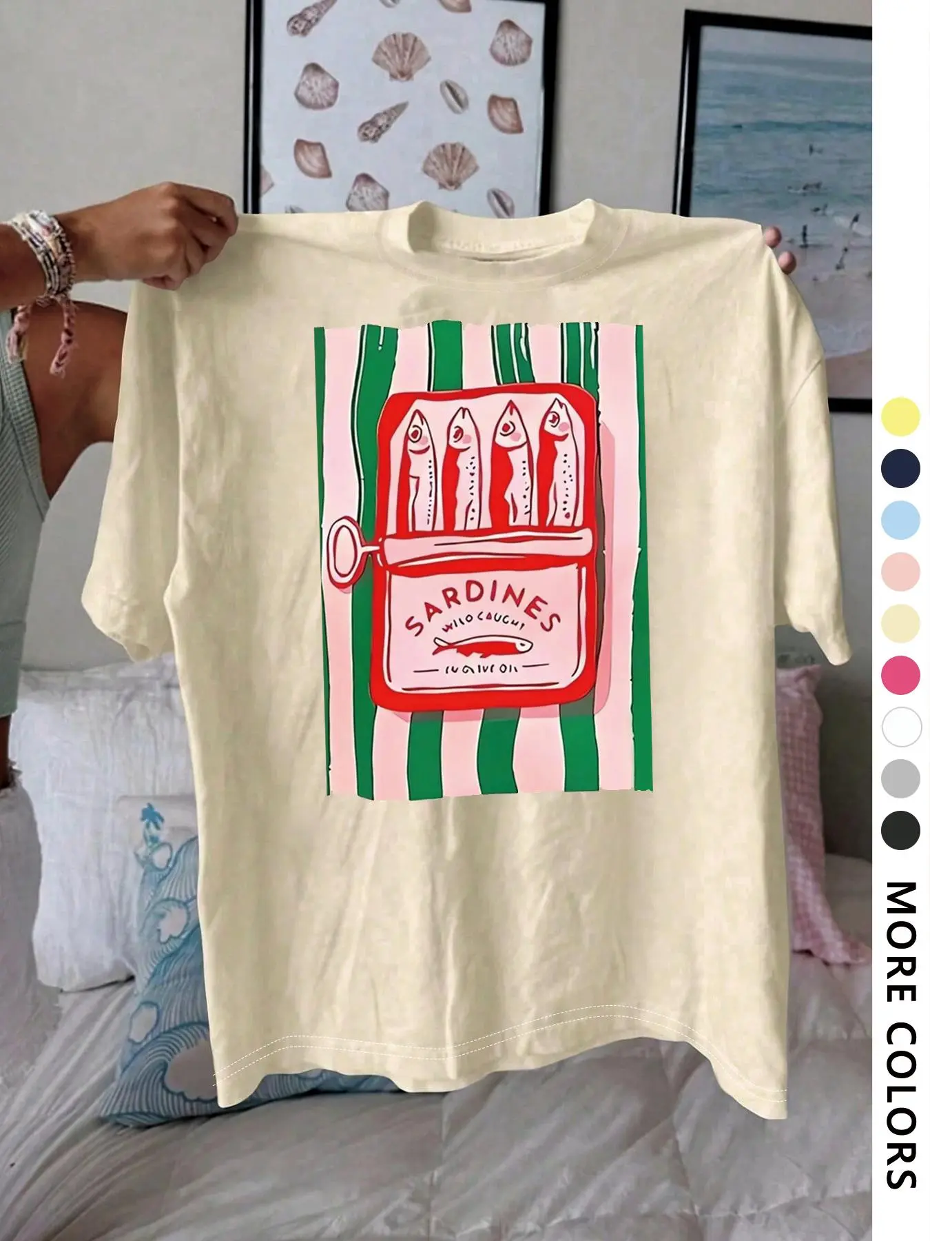 Women's Sardines Print Round Neck Tee, Casual Printed Trendy Casual Summer Short Sleeve Crewneck T-shirt for Daily Wear, Ladies All Seasons Top, Womenswear