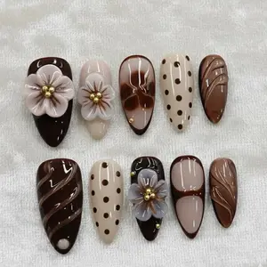 Chocolate Brown Press On Nails 3D Sculpted Flower Marble Swirl Design