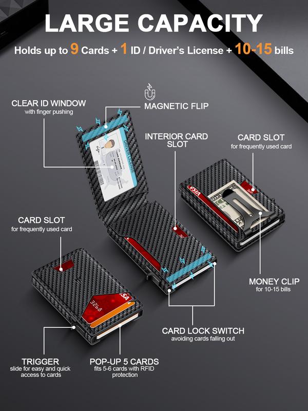Wallet for Men Slim Minimalist Wallet with Money Clip ＆ ID Window RFID Blocking Pop-Up Credit Card Holder Smart Auminum Mens Wallet Holds 9-13 Cards, Front Pocket Bifold Christmas Gift For Men