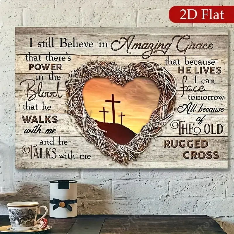 Rustic 2D Flat Pine Wood Framed Canvas Sunset Landscape Painting "Entering the Embrace of Jesus" - Hangable Religious Home Decor, Elegant Christian Gift, Ready-to-Hang Wall Art Accessory