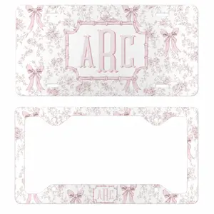 Pink Toile de Jouy Coquette Bow License Plate and Frame Set Personalized Monogram Car Tag Custom Initial Auto Accessory Preppy Car Decor Chic