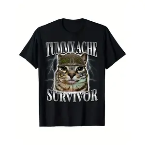 Funny Cat Sarcastic Humor T-Shirt - "Tummy Ache Survivor" Graphic with Military Cat Design, 100% Cotton Relaxed Fit Unisex Tee, Machine Washable, Cat Tshirt, Allseason Apparel, Humorous Graphic Tee, Comfortable Fit Shirt