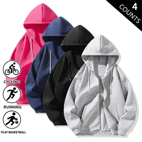 Men’s solid full-zip hoodies, 4-pack — soft, lightweight, drawstring hood, loose fit, casual everyday long sleeves; basic fall/winter streetwear hoodie outfit