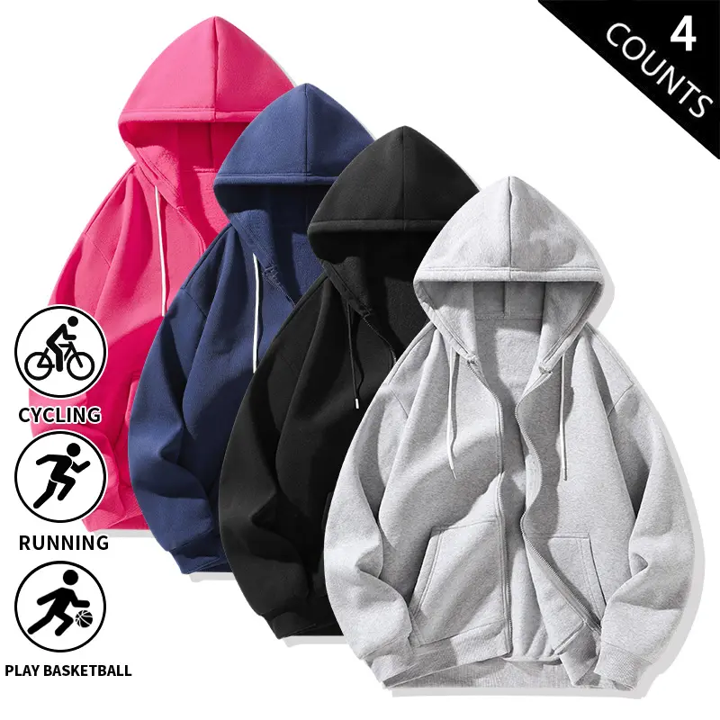 Men’s solid full-zip hoodies, 4-pack — soft, lightweight, drawstring hood, loose fit, casual everyday long sleeves; basic fall/winter streetwear hoodie outfit