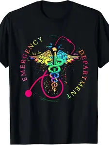 Men's Emergency Department ED ER Nurse T-Shirt - Retro Tie-Dye Graphic Tee with EKG Heartbeat & Syringe Print, Comfortable Casual Short Sleeve Shirt for Nursing Staff, Hospital Apparel