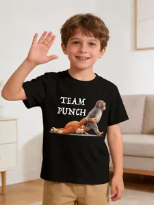 Monkey Punch Graphic Baby Monkey Holding Plush Toy Monkey Punch Graphic Baby Monkey Holding Plush Toy Punch Monkey Print Short Sleeve Top, Punch Team Print Suitable for Boys and Girls, Summer Casual Kids Clothing