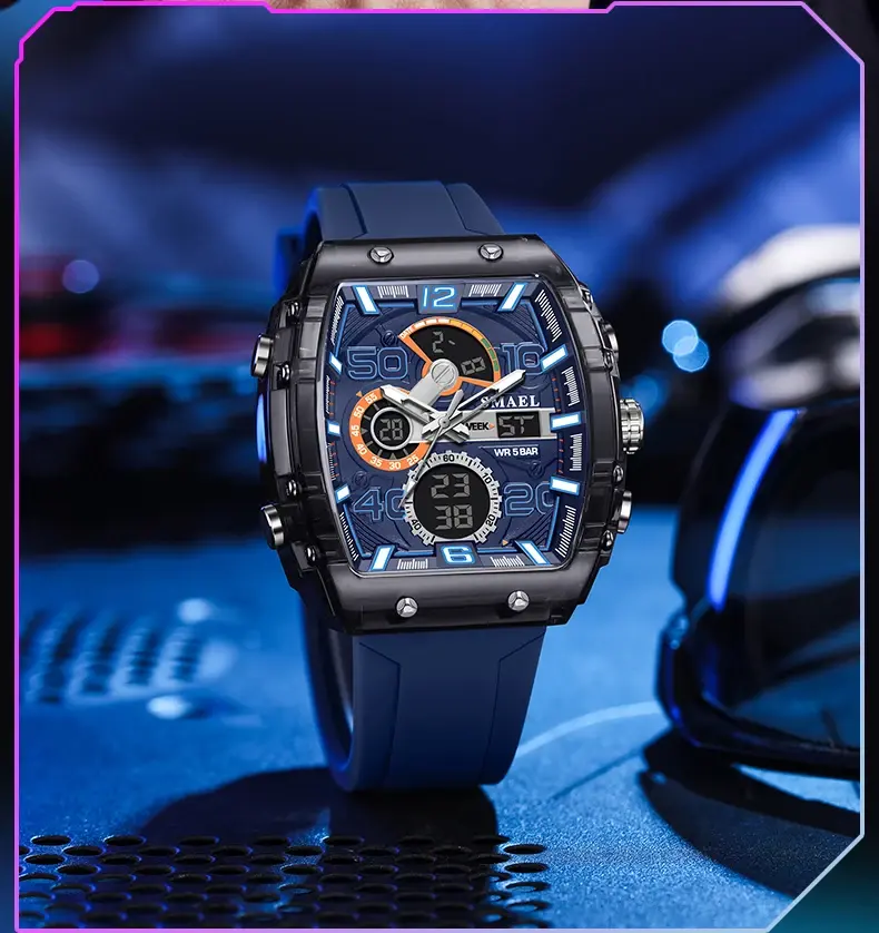 Men's Multifunctional Sports Watch 50M Water Resistant Dual LED Display Night Light Electronic Watch.