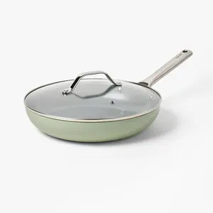 12" Nonstick Ceramic Coated Aluminum Frying Pan with Cover Sage Green - Figmint