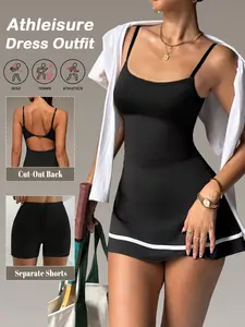 2-Plece Women's Color Block Casual Tennis Dress, With Built In Shorts Sports Outfits, Adjustable Spaghetti Straps Cami Dress, Athletic Dress Gym Women Outfit, Sleeveless Athletic Dresses
