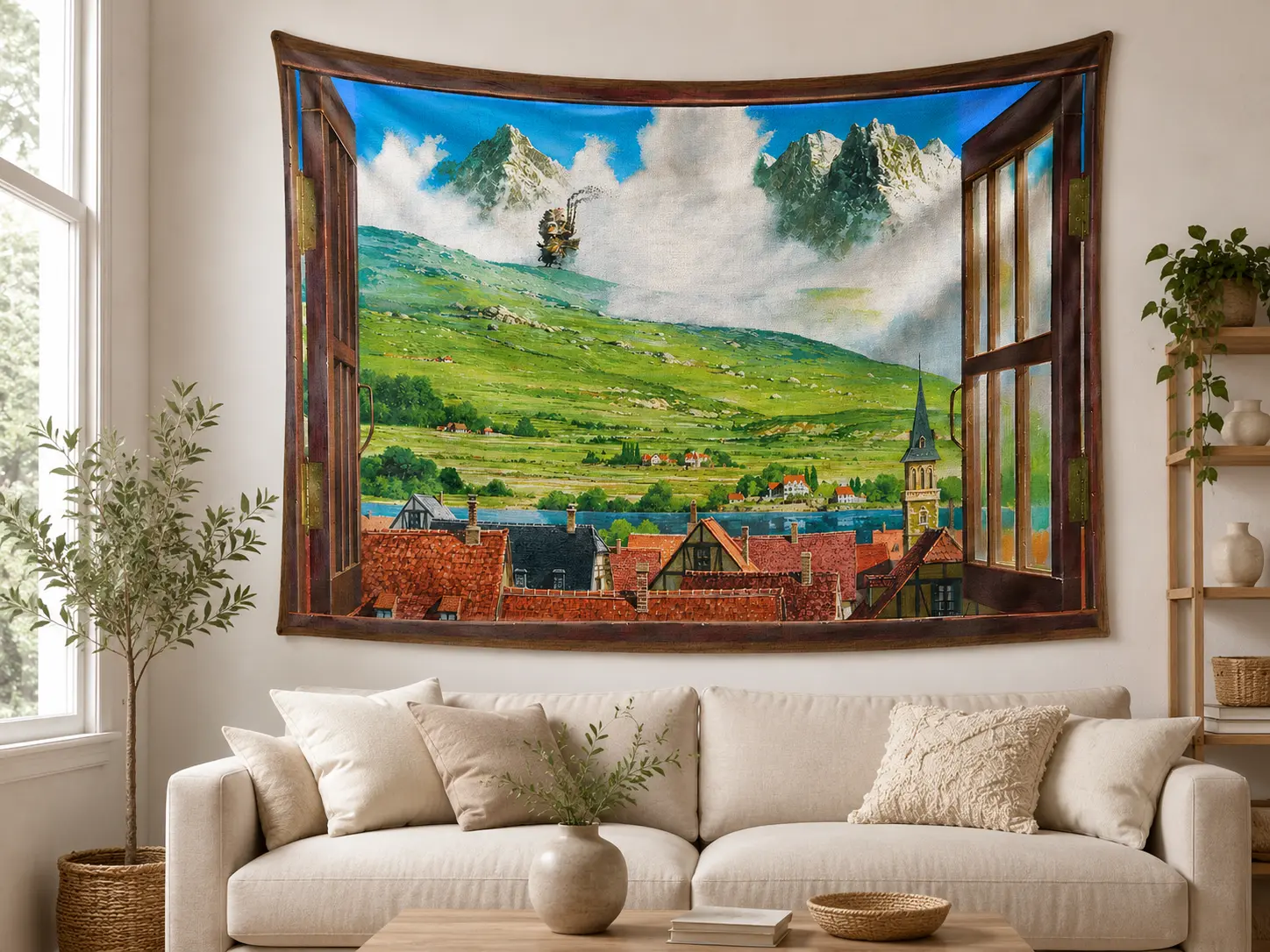 Howl's Moving Castle Window Flag Tapestry, Studio Ghibli Inspired, Anime Wall Art, Hayao Miyazaki Inspired