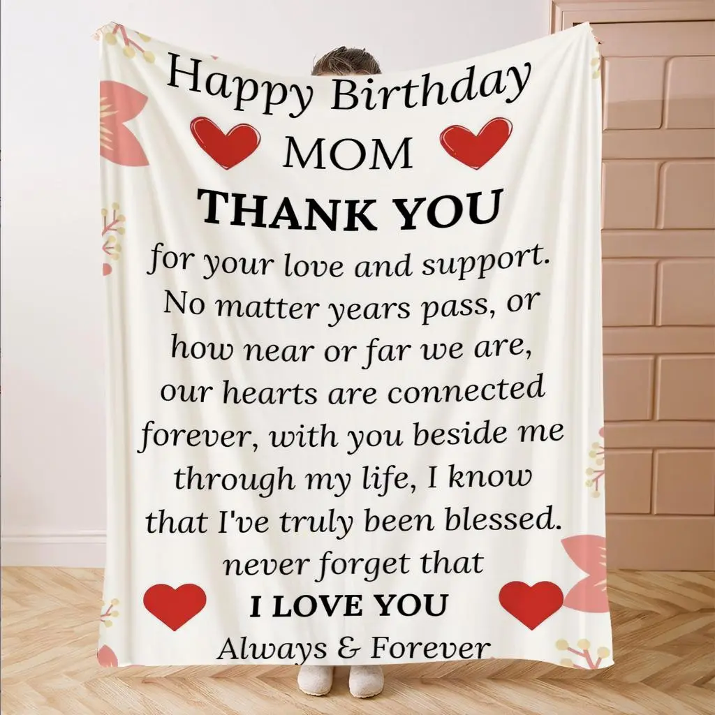 Mom Birthday Gift, Happy Birthday Mom Letter Blanket, Mothers Blanket, Moms Throw Blanket, Soft Comfortable Throw Blanket, Cool Bedroom Bedding Blankets, flannel slogan blanket, Blanket Gifts, Gift for Mom from Daughter and Son
