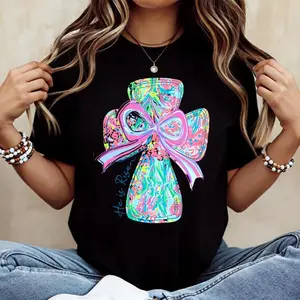 Casual Cotton Round Neck Short Sleeve Summer T Shirt Featuring Vibrant Cross and Bow Design with He Is Risen Print Machine Washable