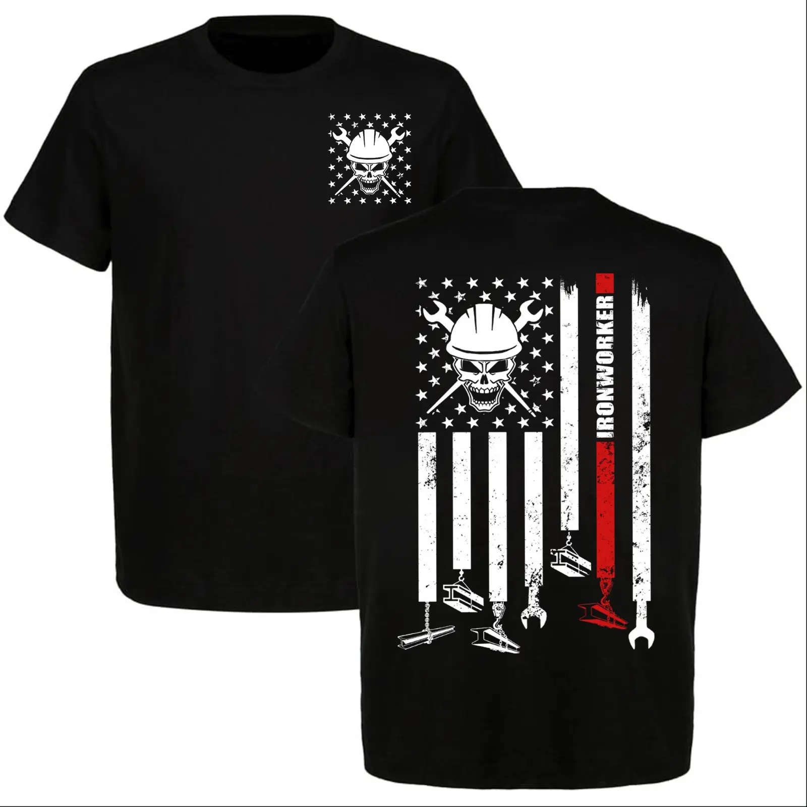 Men's American Flag Ironworker Skull T-Shirt Patriotic USA Flag Hard Hat Crossed Wrenches Vintage Union Ironworkers Construction Gift Tee Shirt Dad