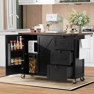 K&K 54.5" Farmhouse Kitchen Island with Power Outlet, Kitchen Storage Island  with Internal Storage Rack, Drop Leaf, Spice Rack, Rolling Kitchen Cart on Wheels, for Home, Kitchen and Dining Room,The package will be shipped in two separate parcels