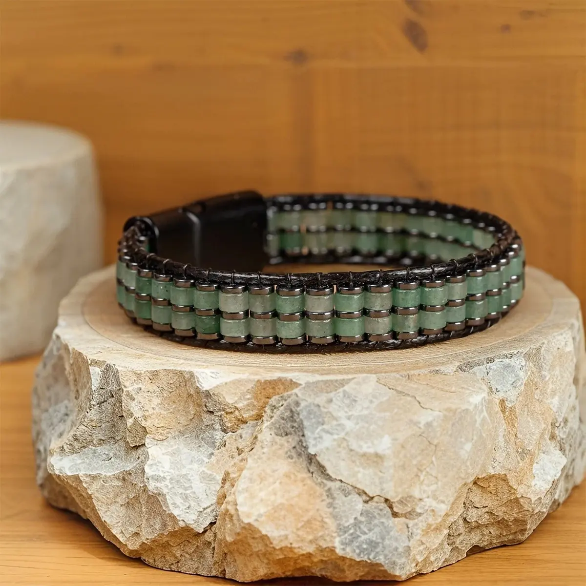 Men's Leather Bracelet, Beaded and Braided with Green Aventurine Stones, Stainless Steel Magnetic Clasp, Lucky Stone for Emotional Calm, 17cm, Lucky Bracelet, Beaded Braided Bracelet