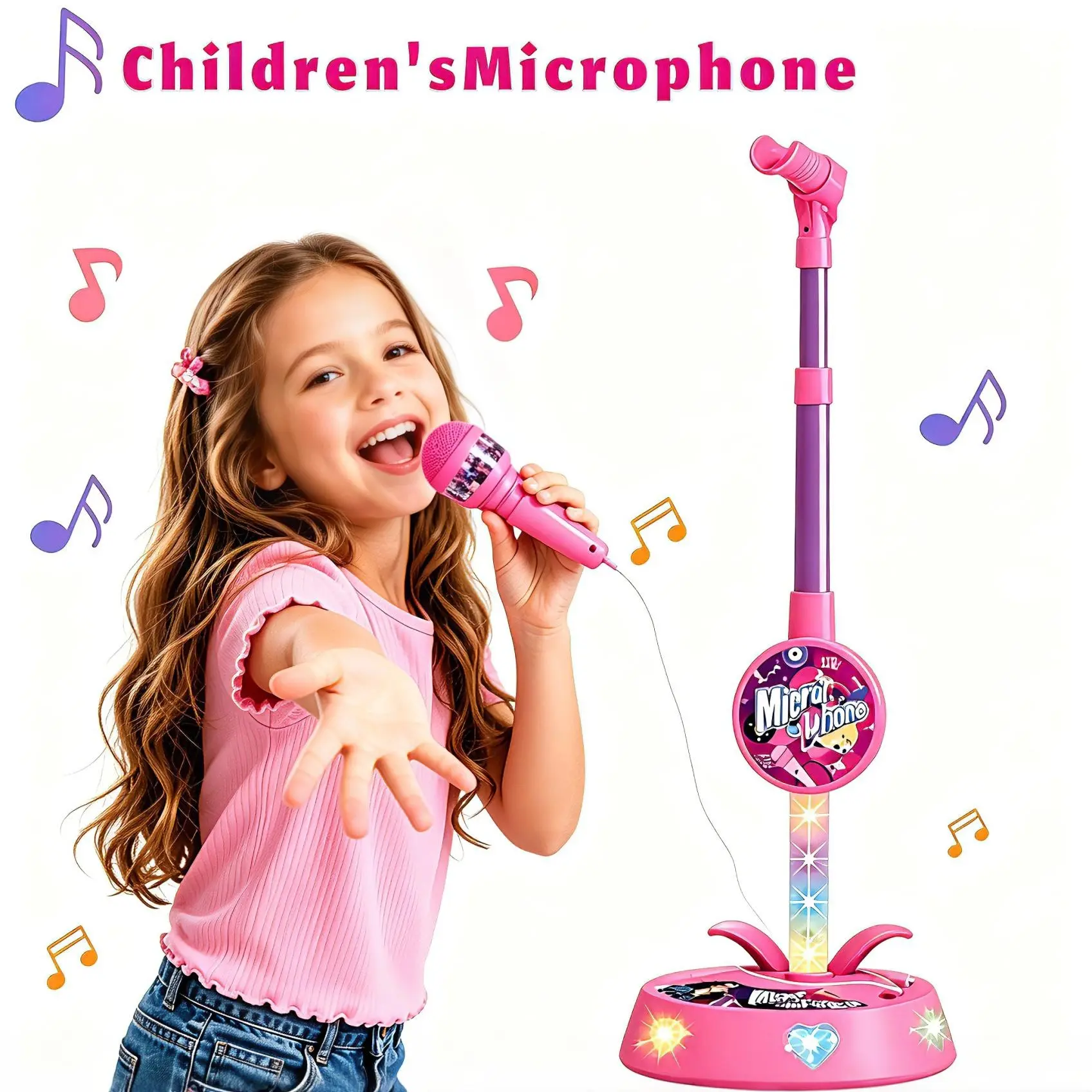 Kids Karaoke Microphone with LED Stage Lights, Adjustable Standing Singing Toy for Little Performers Ages 3+
