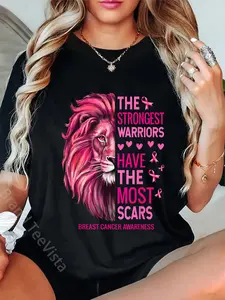 100% Cotton Unisex Lion Pink Funny Breast Cancer Awareness Survivor Warrior T-Shirt