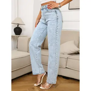 Yzara Women's High-Waisted Trendy Studded Wide-Leg Jeans Cotton Denim Button-Front Full-Length Pants with Stylish Stud Detailing Womenswear Bottom Casual Chic Love Soft Style Trouser Style Trouser Streetwear Basic Fashion Light Blue Minimalist