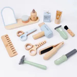 Wooden Role Play Haircut Set, Realistic Makeup and Hairstyling Kit, Blow Dryer, Straightener, Scissors, Shampoo, 3-6 Years Old