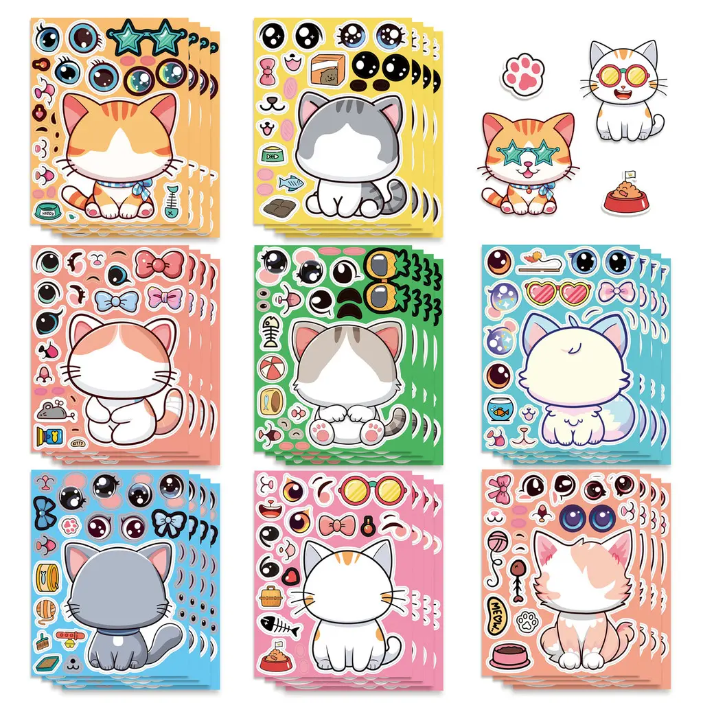 8 Sheets Cat Face Changing Stickers, Educational Early Learning Puzzle Stickers for Kids, DIY Crafts Montessori Toy for Kindergarten