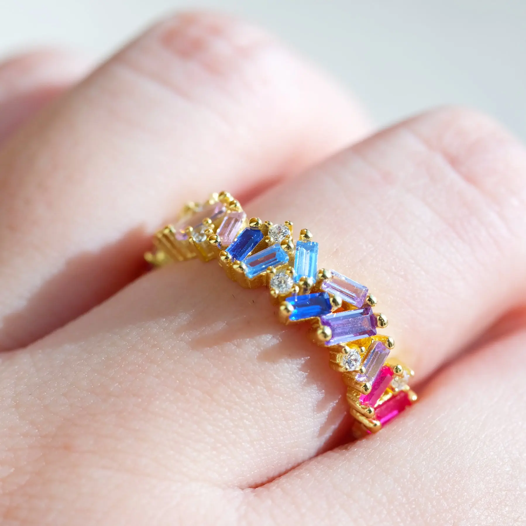 Rainbow Zircon Ring 925 Sterling Silver 18K Gold Plated Multi-Color Jewelry