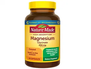 Nature Made Magnesium Glycinate 200 mg per Serving, Magnesium Supplement for Muscle, Heart, Nerve and Bone Support, 60 Magnesium Bisglycinate Capsules, 30 Day Supply