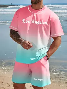 Men's Gradient Color Two-Piece 3D Print Tropical Summer Set: Menswear Men's Short-Sleeve Crew Neck T-Shirt and Casual Shorts - Sporty, Fashionable, and Casual Two-Piece Outfit
