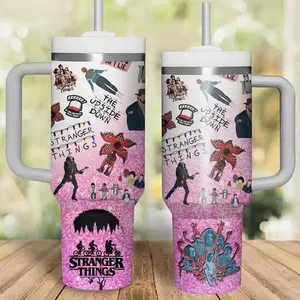 Premium Stranger Things 40oz Tumbler with Handle – “The Upside Down” & Demogorgon Design, Iconic Cast Scenes, Pink Glitter Effect