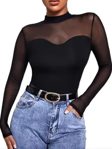 Women's Sheer Mesh Mock Neck Long Sleeve Slim Fit Top, Elegant Solid Color T-Shirt for Spring & Fall, Casual Fashion Wear, Womenswear